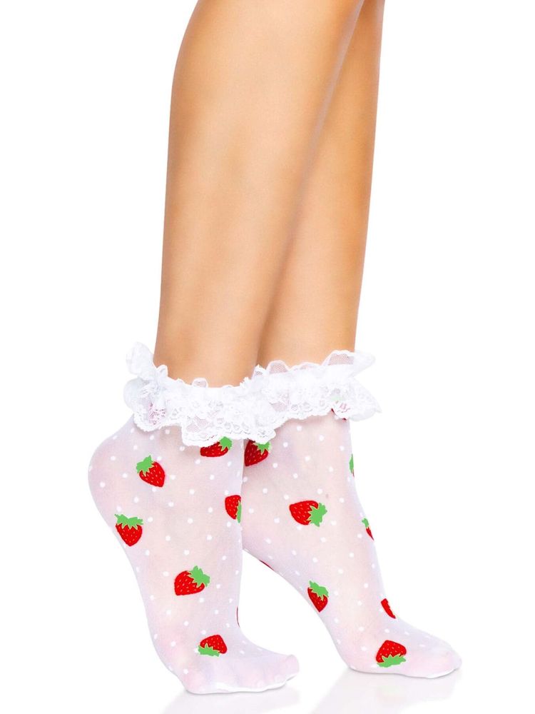 Шкарпетки жіночі з полуничним принтом Leg Avenue Strawberry ruffle top anklets One size Білі